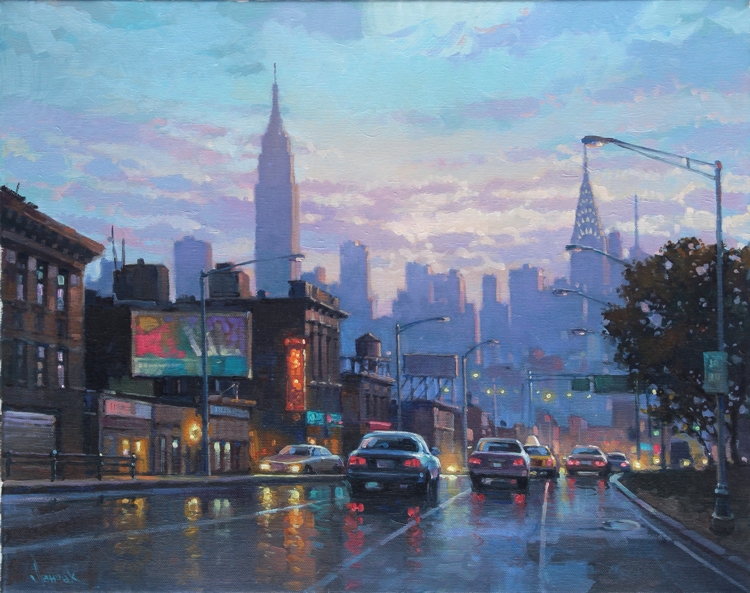 Раннее утро в Москве, мягкий свет и пробуждающийся город и Кремль, картина маслом